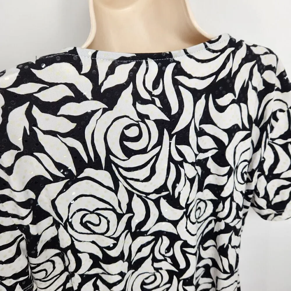 MSK Pullover Top Women's Size XL Blk & White Floral Short Sleeve Draped Neck - Picture 8 of 9